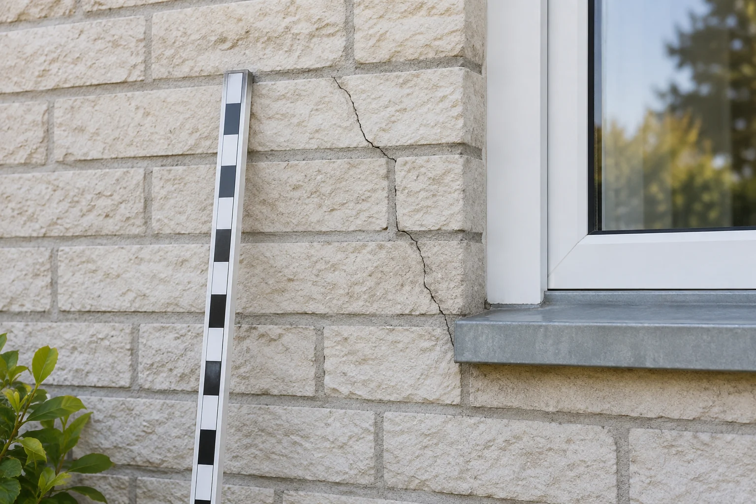 Feiner Riss an einer neutralen Hausfassade als Anlass für eine sachliche Gebäudeprüfung